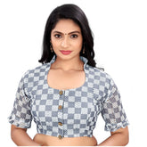 Grey cotton blend checks readymade blouse with short sleeves and square neck, free size for women's fashion