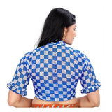 Blue cotton blend checks readymade blouse with short sleeves and square neck, free size
