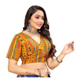 Mustard cotton blend ready-made blouse (free size), short sleeve V-neck plain style for women