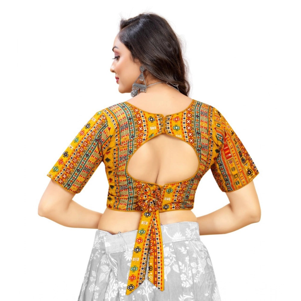 Cotton blend mustard blouse (free size), casual short-sleeve v-neck stitched blouse for women