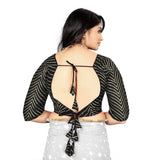 Black Georgette embroidery blouse with v-neck and 3/4 sleeves for women on display