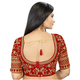 Red velvet embroidered blouse (free size), half-sleeve sweetheart neck design on display