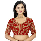 Red velvet embroidered blouse with half sleeves & sweetheart neckline
