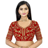 Red velvet embroidered blouse with half sleeves & sweetheart neckline