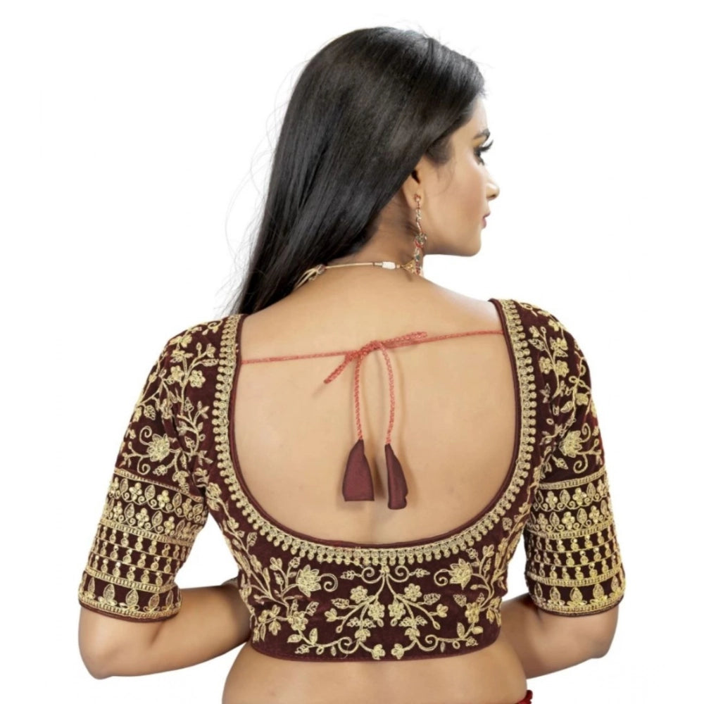 Brown velvet embroidered blouse with half sleeves & sweetheart neckline, ready-made for women