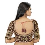 Brown velvet embroidered blouse with half sleeves & sweetheart neckline, ready-made for women