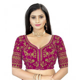 Pink velvet embroidered blouse (free size), half sleeve with sweetheart neckline on display