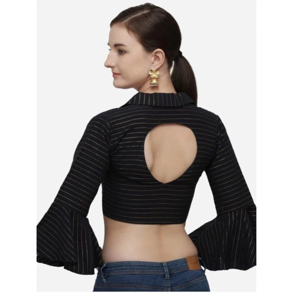 Black cotton striped ready-made blouse (free size), women's casual wear with 3/4 sleeves and shirt collar, patterned design on display