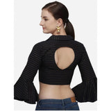 Black cotton striped ready-made blouse (free size), women's casual wear with 3/4 sleeves and shirt collar, patterned design on display