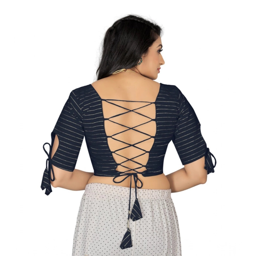 Navy blue cotton thread work readymade blouse with half sleeve and round neck, free size