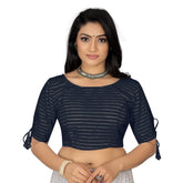 Navy Blue cotton thread work readymade blouse with half sleeve and round neck