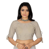 Cotton thread work cream blouse, half sleeve, round neck, free size - readymade women's clothing on hanger