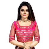 Pink Phantom Silk embroidered blouse (Free Size) - women's ready-made 3/4 sleeve round neck top with intricate design