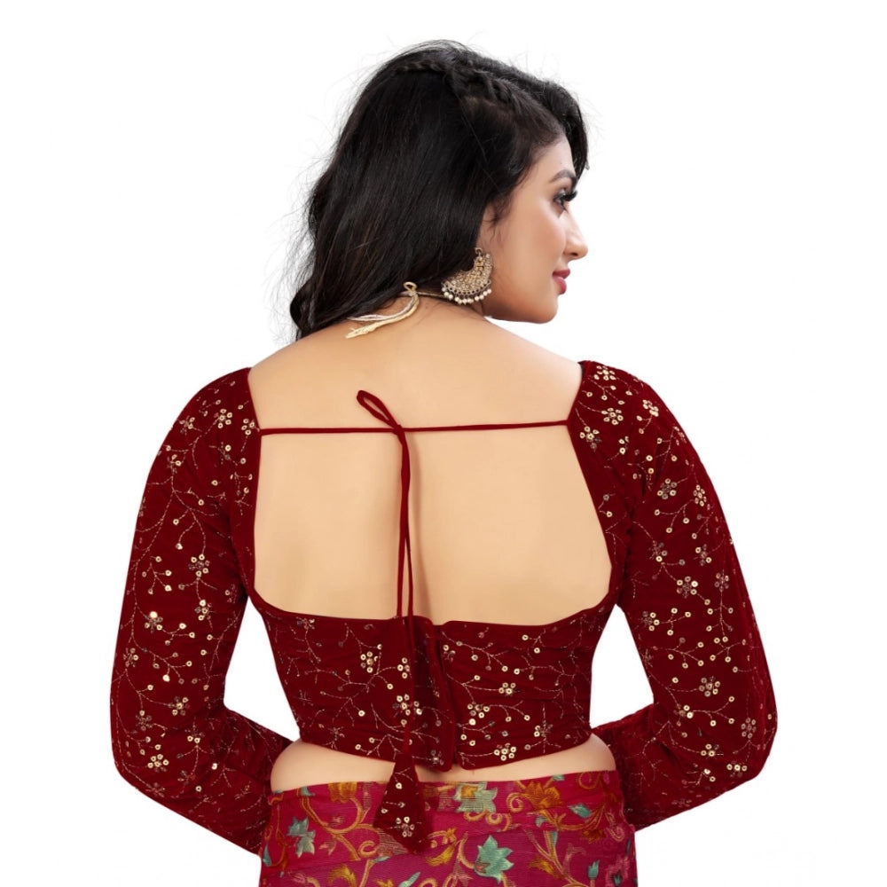 Maroon velvet embroidered blouse (free size), women's formal wear with full sleeves and round neck