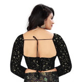 Black velvet embroidered blouse, free size, full sleeve, round neck, intricate patterns on display