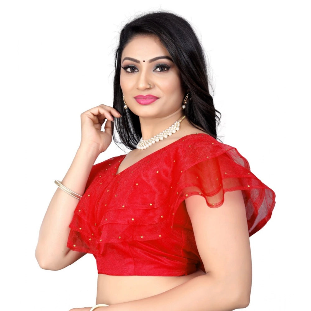 Red nylon diamond work readymade sleeveless v-neck blouse for women