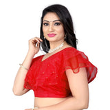 Red nylon diamond work readymade sleeveless v-neck blouse for women