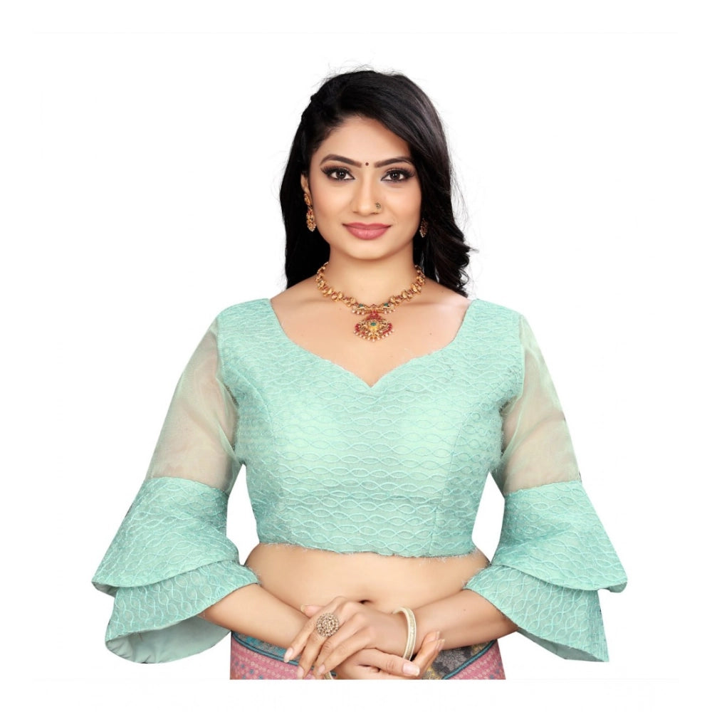 Mint Green Organza embroidered blouse for women, free size, 3/4 sleeve, sweetheart neck design