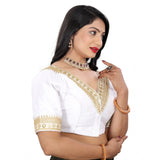 White Banglory embroidery blouse (free size), half sleeve, v-neck design on display stand