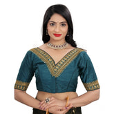 Teal Banglory embroidery blouse, free size stitched half-sleeve V-neck top with intricate designs, women's ready-made clothing