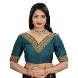 Teal Banglory embroidery blouse, free size stitched half-sleeve V-neck top with intricate designs, women's ready-made clothing