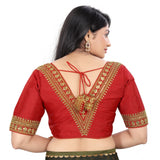 Red Banglory embroidered blouse, half sleeve, v-neck design - women's readymade blouse