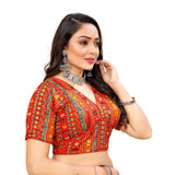 Red cotton blend readymade blouse for women, short sleeved v-neck, plain design