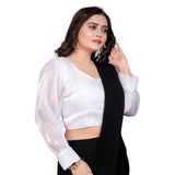 Organza white blouse, long sleeve v-neck, free size for women's fashion, plain pattern
