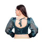 Teal organza long sleeve V-neck blouse for women, plain pattern, free size