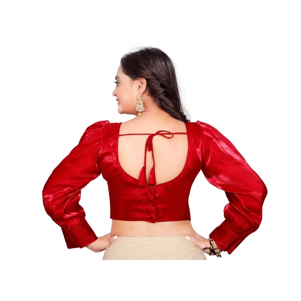 Red organza long sleeve V-neck blouse, ready-made for women