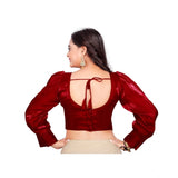 Maroon organza long-sleeved v-neck blouse for women (free size), ready-made plain style on mannequin