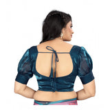 Teal organza readymade blouse (half sleeve, v-neck, free size) - women's plain organza blouse on hanger