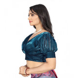 Teal organza readymade blouse, half sleeve v-neck style for women, free size