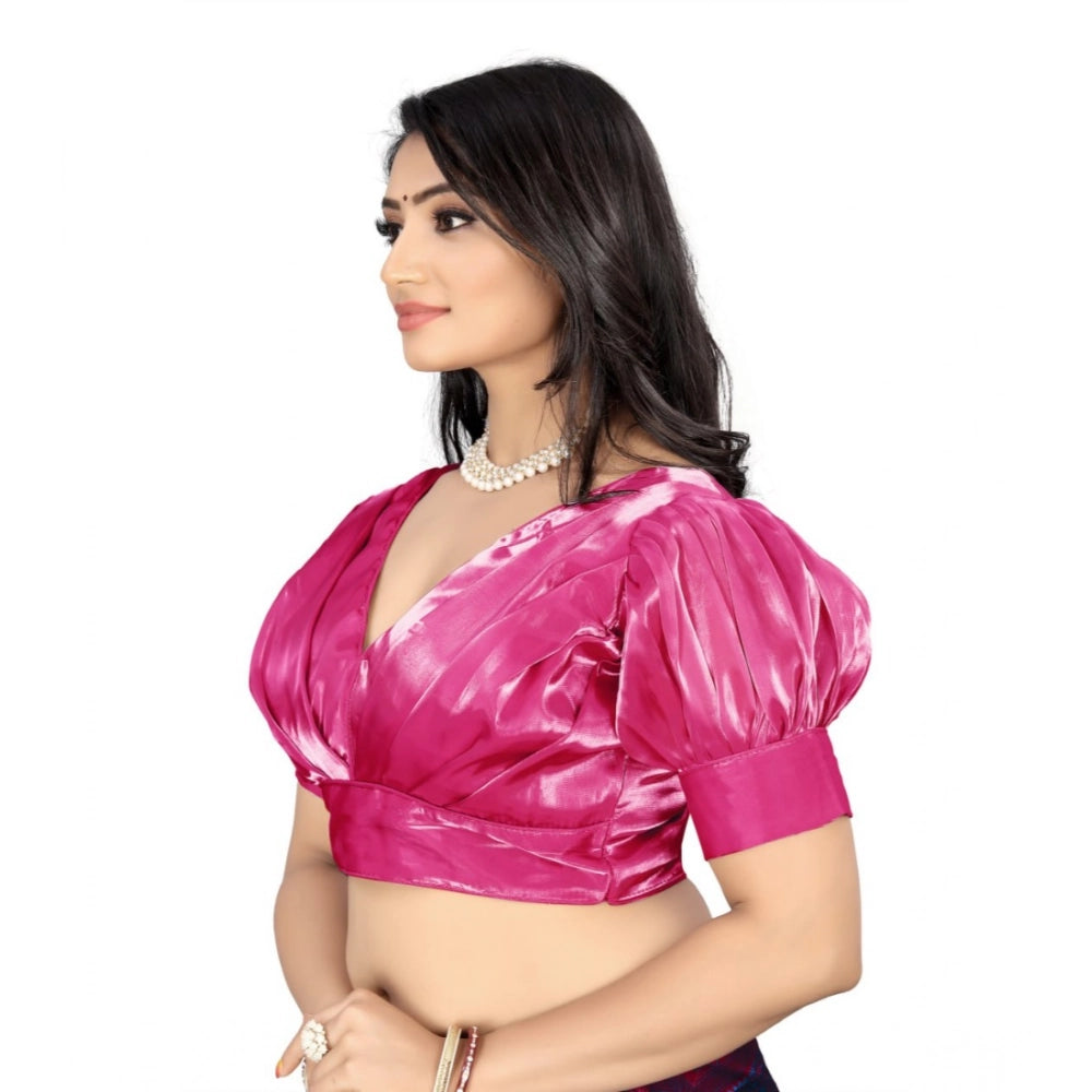 Organza pink blouse, free size, half sleeve, v-neck, plain readymade for women