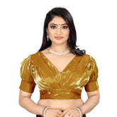 Metallic gold organza blouse, free size, half sleeve v-neck readymade blouse for women