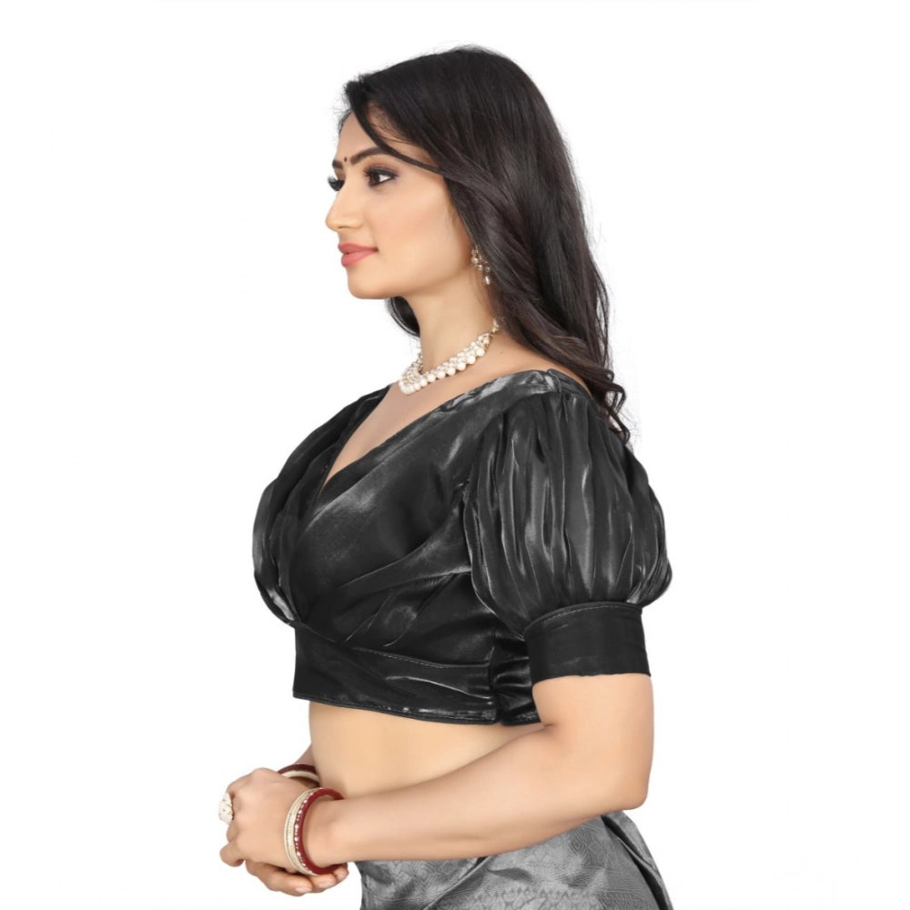 Black organza women's half sleeve v-neck blouse, plain pattern, free size ready-made