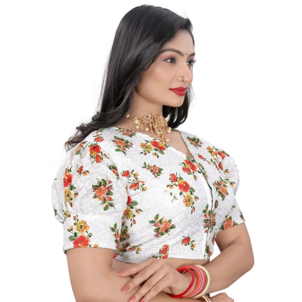 Orange cotton blend floral readymade blouse, short sleeve v-neck on model