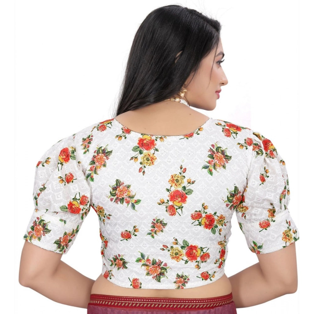 Orange cotton blend floral readymade blouse for women, short sleeve v-neck style with floral pattern
