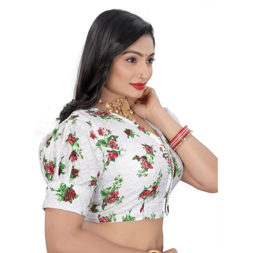 Green cotton blend floral readymade blouse for women, short sleeves and v-neck design