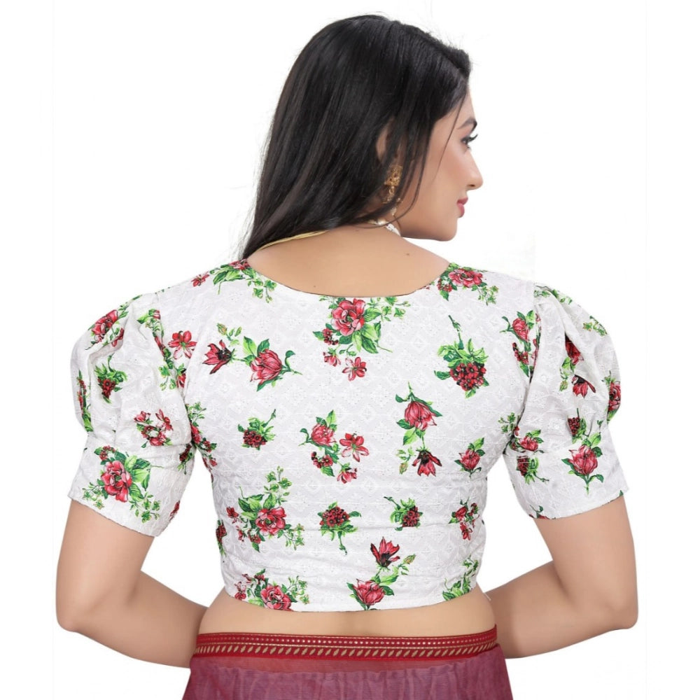 Green cotton blend floral ready-made blouse with short sleeves and v-neck, free size