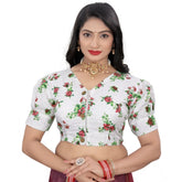 Green cotton blend floral readymade blouse, short sleeves, v-neck on hanger