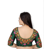 Green Malai Silk floral readymade blouse (half sleeve, round neck), women's fashion accessory on hanger