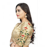 Cream Malai silk floral readymade blouse, half sleeve, round neck, free size - elegant women's fashion accessory on display