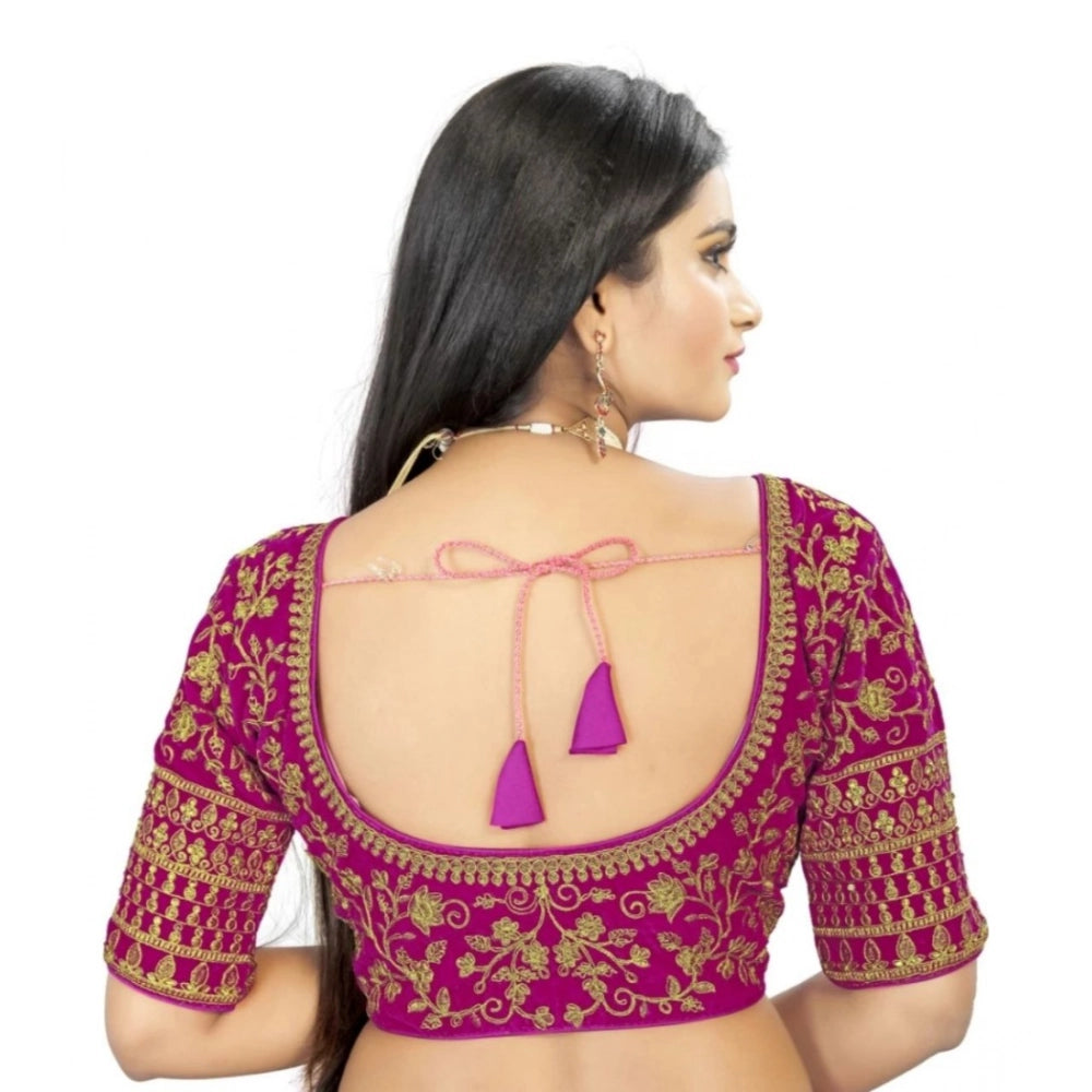 Pink velvet embroidered blouse (free size), half sleeve sweetheart neck design