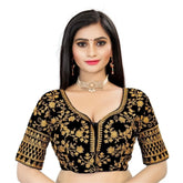 Black velvet embroidered blouse with sweetheart neckline and half sleeves, ready-made for free size women
