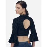 Navy blue free size striped cotton blouse for women - casual wear with 3/4 sleeves and shirt collar