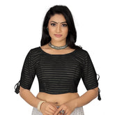Black cotton thread work readymade blouse with half sleeve and round neck, free size