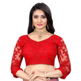Red nylon net embroidered blouse, free size women's fashion on hanger