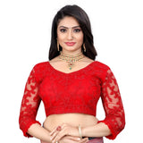 Red nylon net embroidered blouse, free size women's fashion on hanger