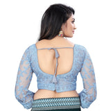 Grey Nylon Net Embroidered Blouse - Free Size women's readymade blouse with 3/4th sleeves and V-neck, showcasing intricate embroidery design